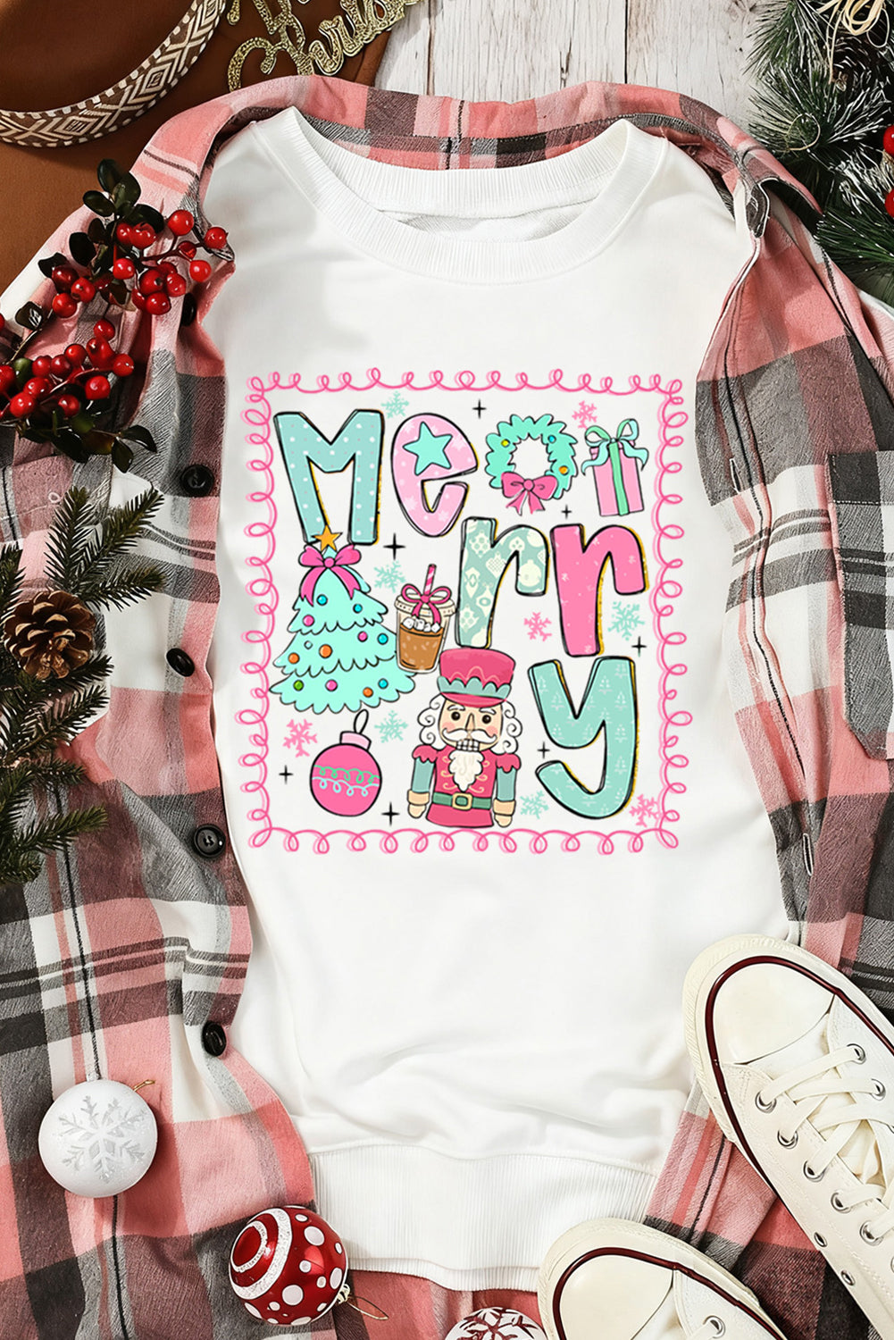 💕White Merry Christmas 🎄Fashion Graphic Heat Transfer Printing Cotton Blend Sweatshirt💕