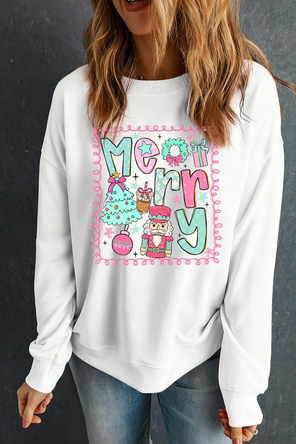 💕White Merry Christmas 🎄Fashion Graphic Heat Transfer Printing Cotton Blend Sweatshirt💕