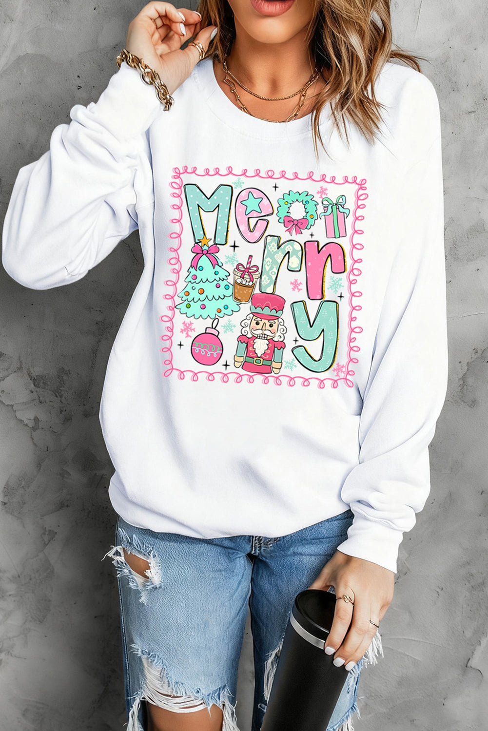💕White Merry Christmas 🎄Fashion Graphic Heat Transfer Printing Cotton Blend Sweatshirt💕