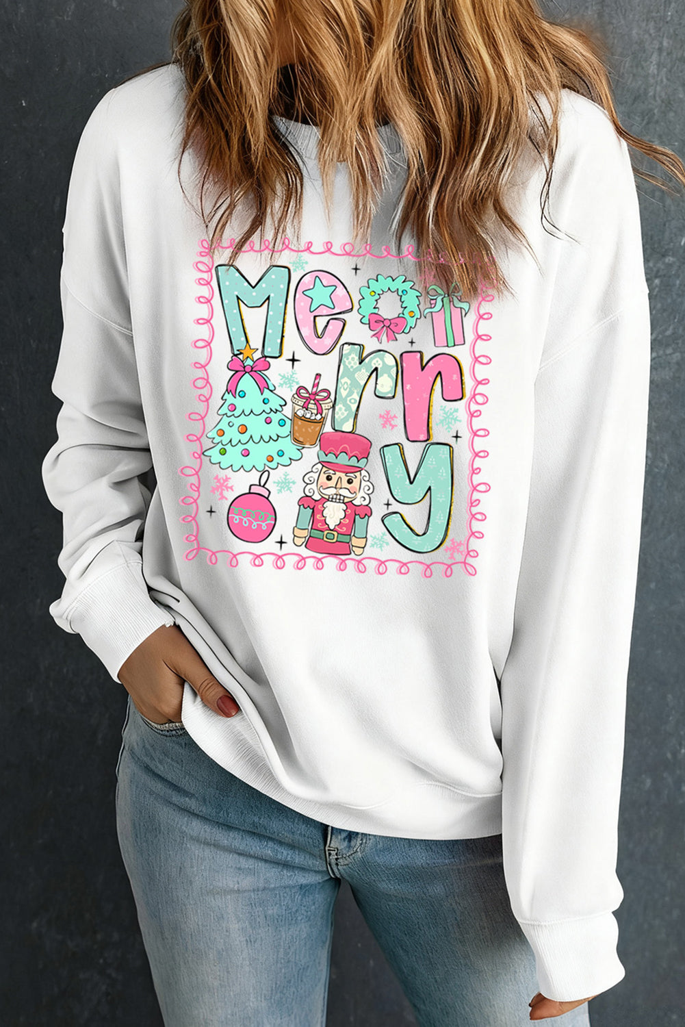 💕White Merry Christmas 🎄Fashion Graphic Heat Transfer Printing Cotton Blend Sweatshirt💕