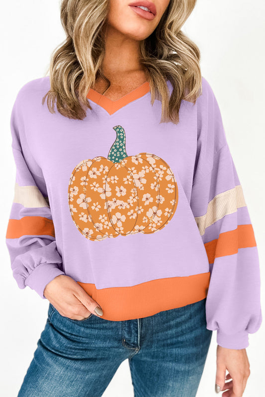 🧡Orchid Bouquet Floral Pumpkin Graphic Color Block Sleeve Sweatshirt🧡