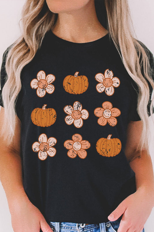 🧡Black Pumpkin Flower Print Short Sleeve Graphic T Shirt🧡