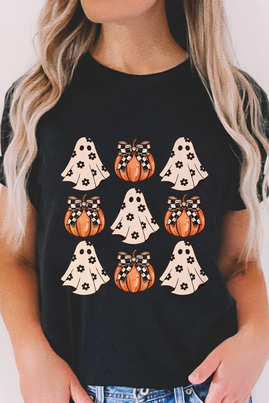✨Black Halloween Ghost👻 Pumpkin 🎃 Graphic Crew Neck T Shirt✨