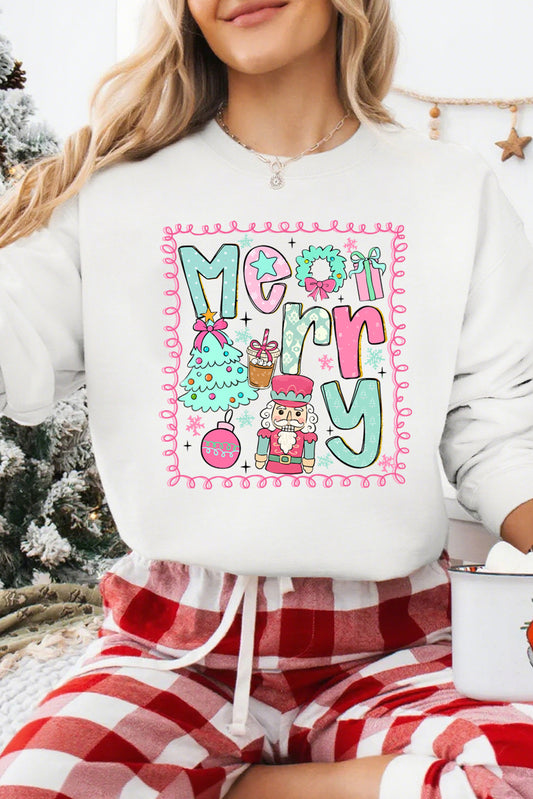 💕White Merry Christmas 🎄Fashion Graphic Heat Transfer Printing Cotton Blend Sweatshirt💕